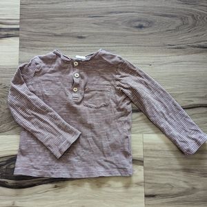H&M Kids Size 18-24M Henley Brown White Striped Long Sleeve Shirt Buttons Pocket